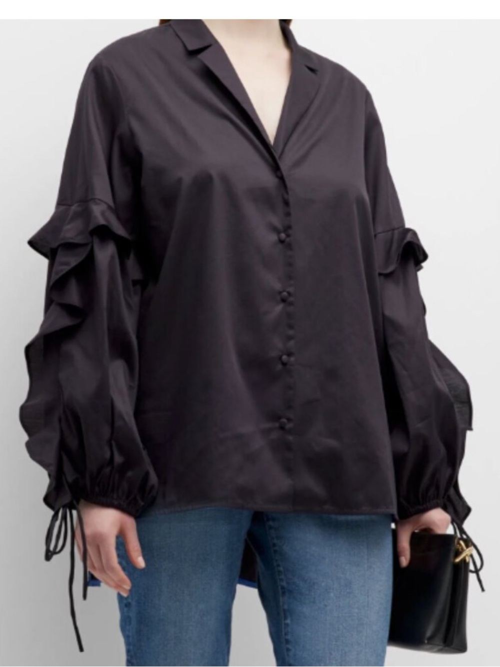 Harshman Vivona Tunic Black Button-Front Ruffle Sleeve Blouse
